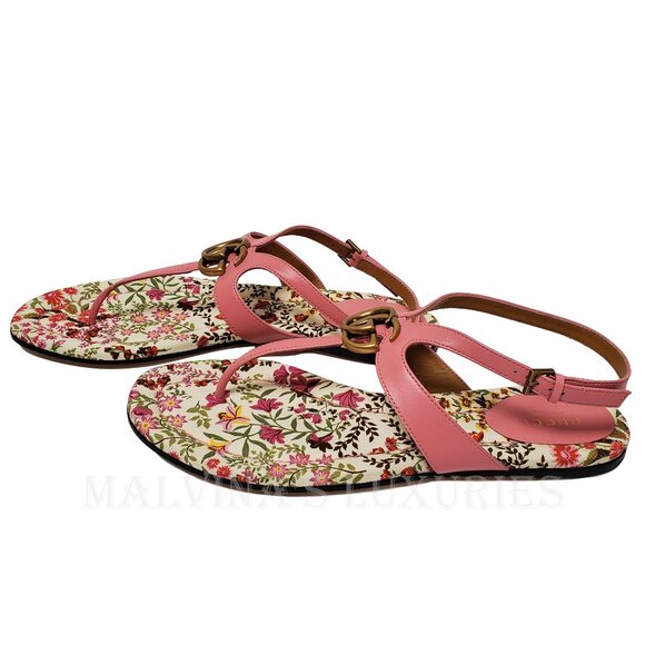 GUCCI SHOES DOUBLE G MARMONT LOGO LEATHER THONG FLORAL SOLE SANDAL sz 40 10 - Picture 3 of 16